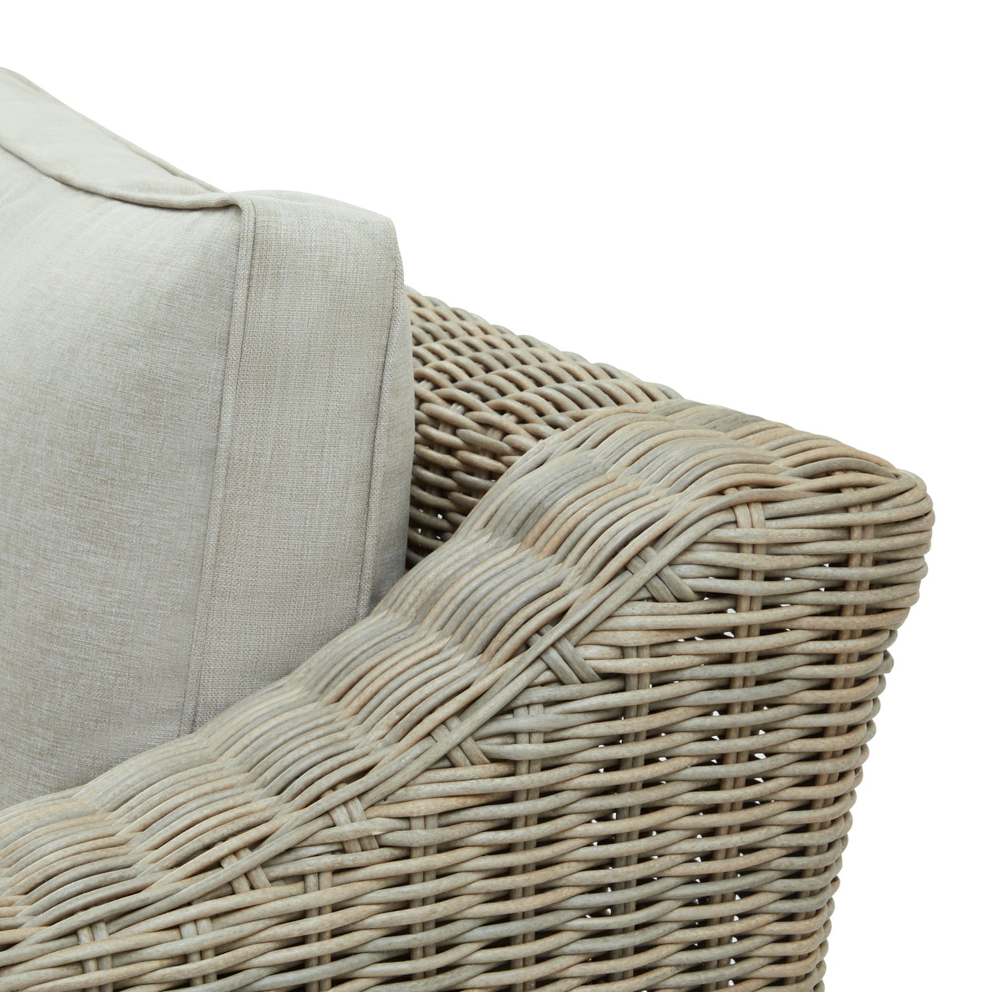Close-up of Hill Interiors Capri outdoor sofa showcasing the synthetic fabric texture and stitching details