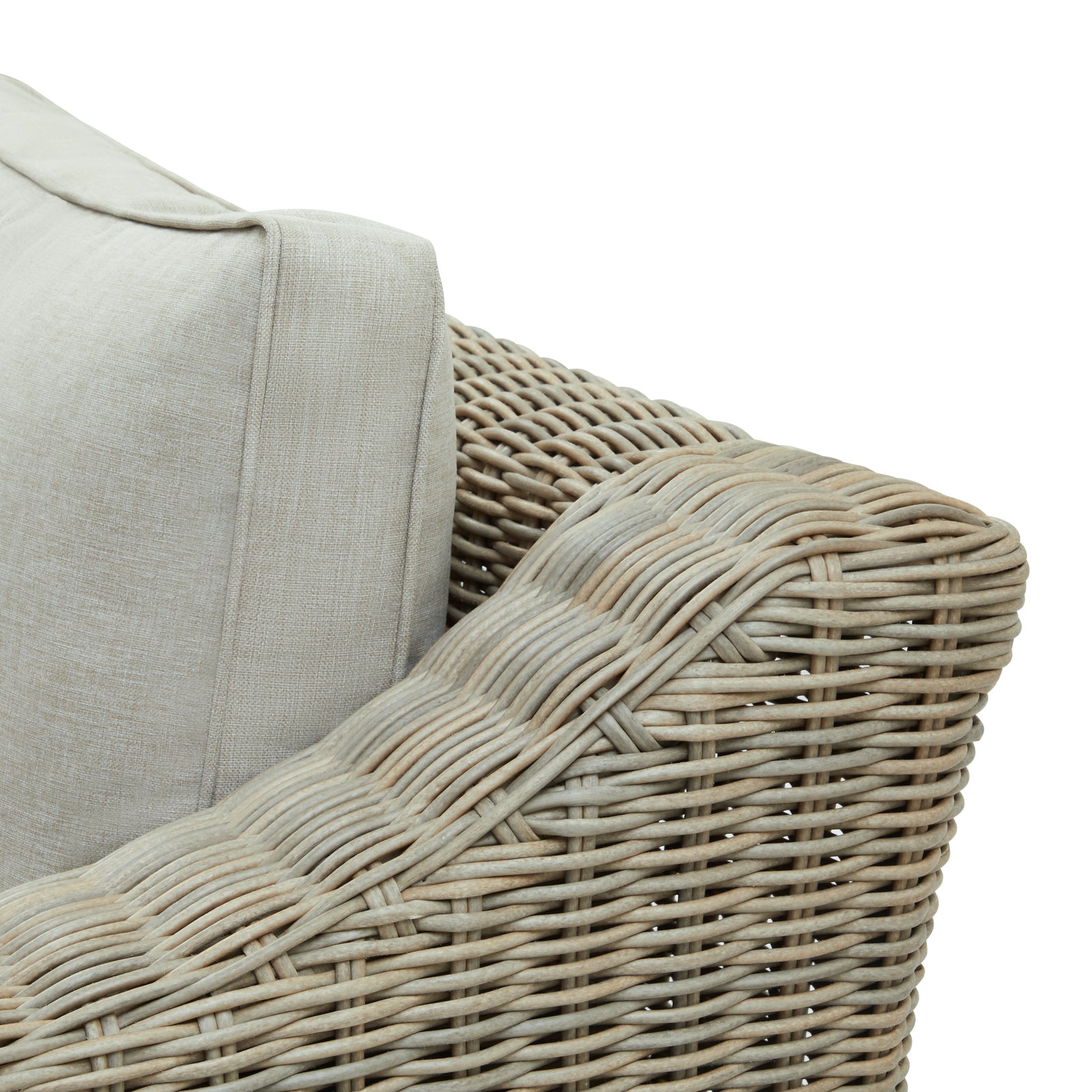 Close-up of Hill Interiors Capri outdoor sofa showcasing the synthetic fabric texture and stitching details