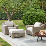 Close-up of Hill Interiors Capri outdoor foot stool showcasing the synthetic fabric texture and stitching details