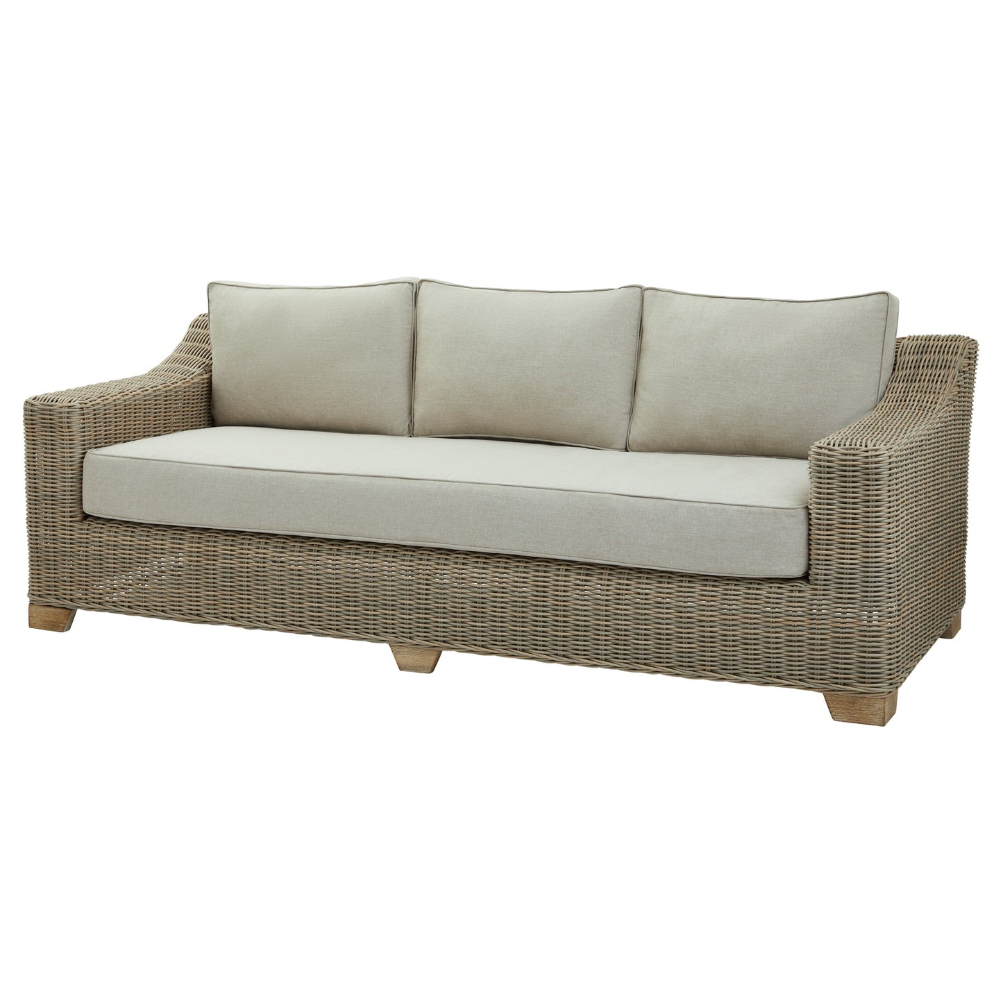 Close-up of Hill Interiors Capri outdoor sofa showcasing the synthetic fabric texture and stitching details