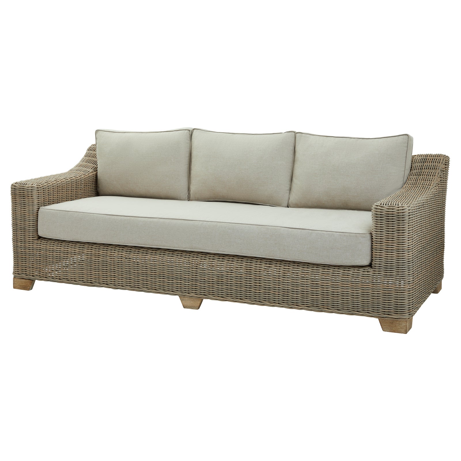 Close-up of Hill Interiors Capri outdoor sofa showcasing the synthetic fabric texture and stitching details