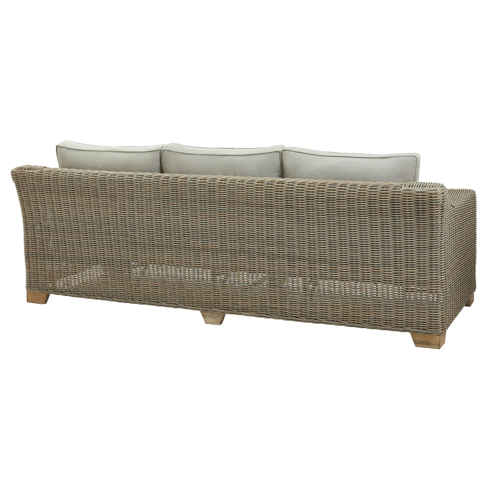 Hill Interiors Capri outdoor three seater sofa styled with outdoor cushions and accessories