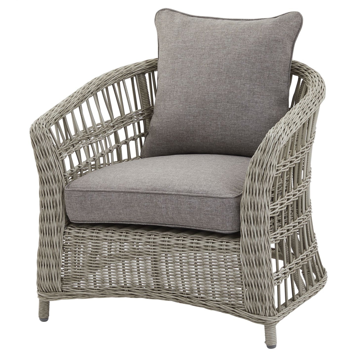 Side view of Hill Interiors Palma outdoor set showing the beige fabric and metal frame