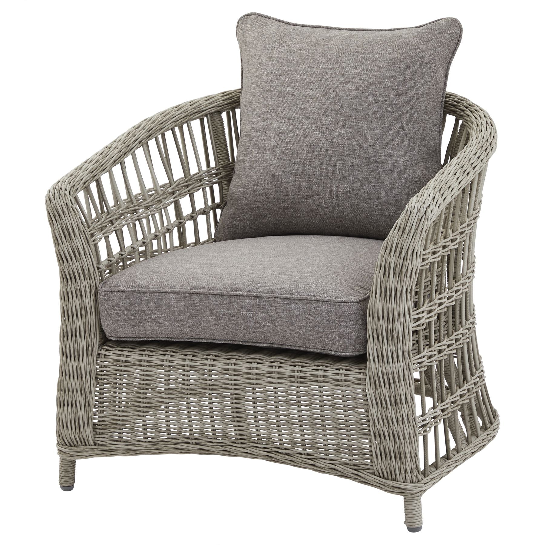 Side view of Hill Interiors Palma outdoor set showing the beige fabric and metal frame