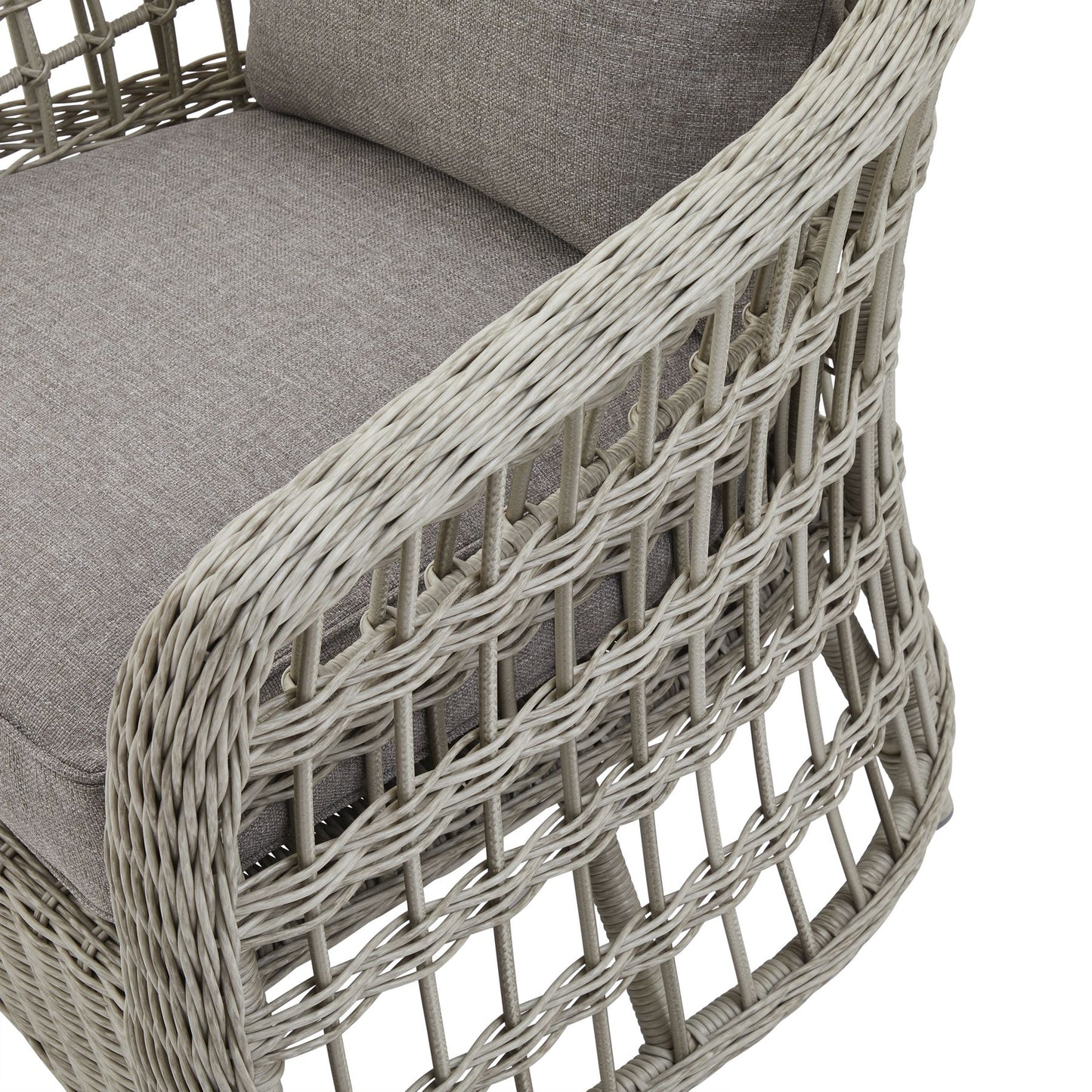 	Close-up of Hill Interiors Palma outdoor set showcasing the synthetic fabric texture and stitching details