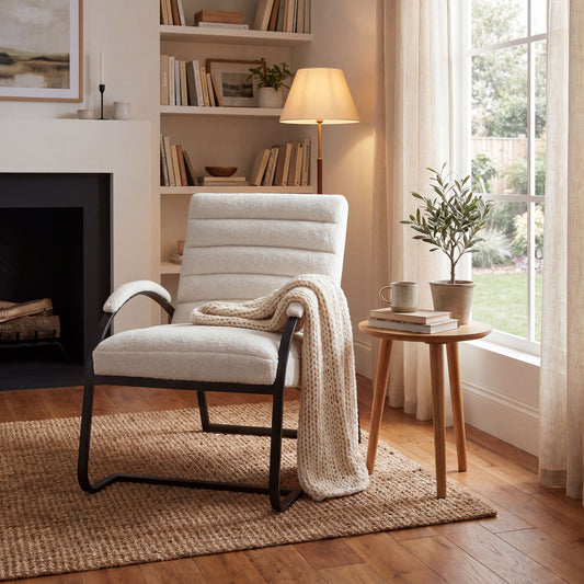 Hill Interiors Boucle Ribbed Ark chair with textured boucle fabric and black metal frame