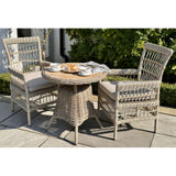 Side view of Hill Interiors Amalfi outdoor bistro table showing the wood top and metal frame