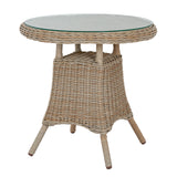 Side view of Hill Interiors Amalfi outdoor bistro table showing the wood top and metal frame