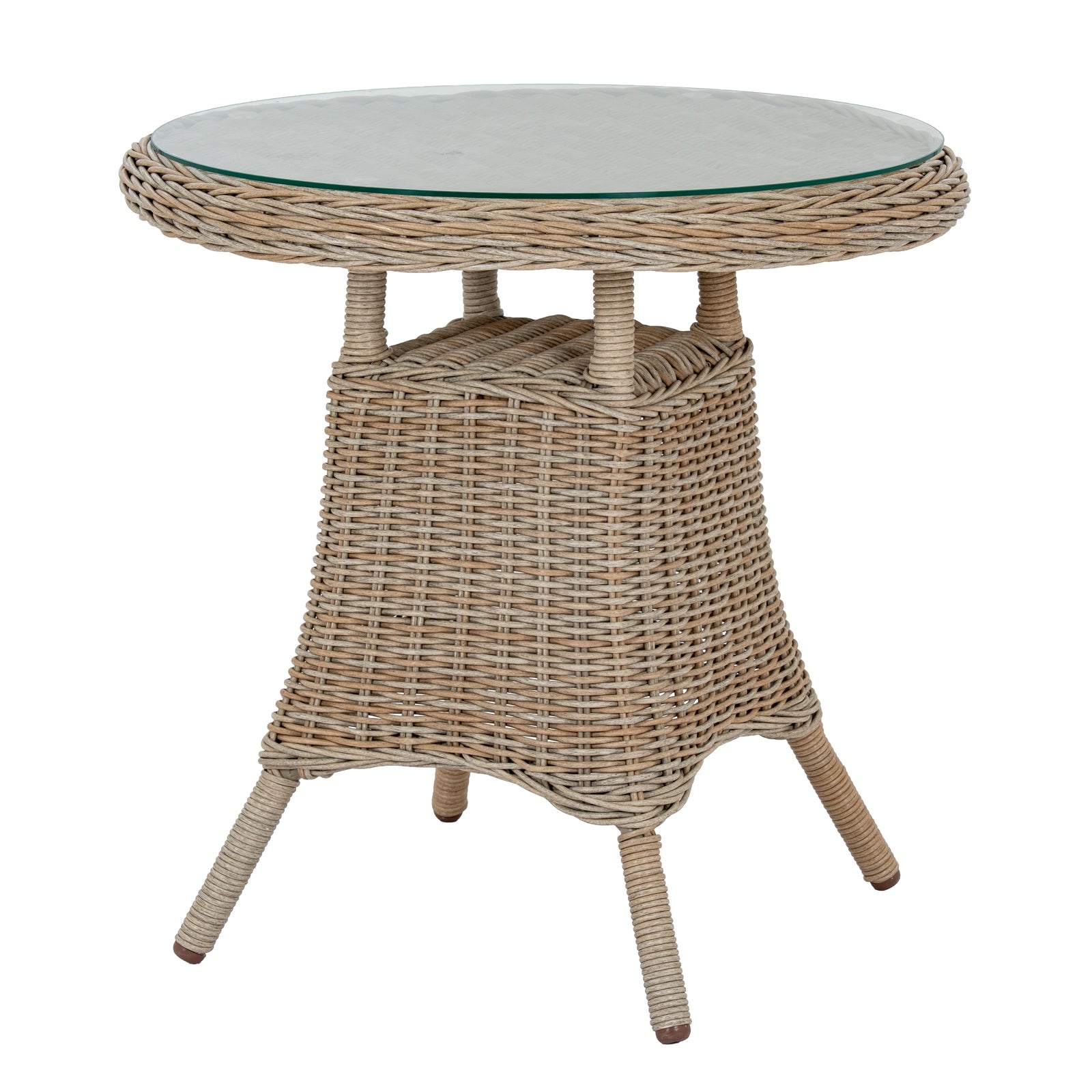 Side view of Hill Interiors Amalfi outdoor bistro table showing the wood top and metal frame