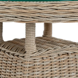 Side view of Hill Interiors Amalfi outdoor bistro table showing the wood top and metal frame