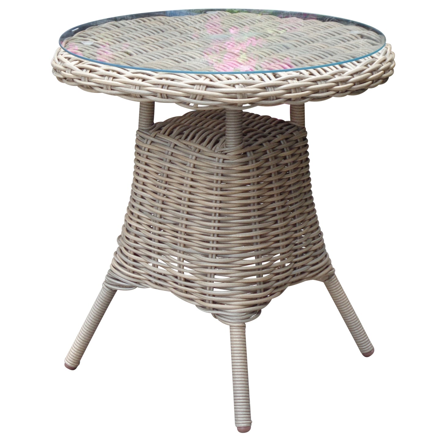 Side view of Hill Interiors Amalfi outdoor bistro table showing the glass top and metal frame
