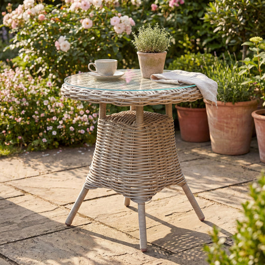 Hill Interiors Amalfi Collection outdoor bistro table with glass top and metal frame in a modern garden setting