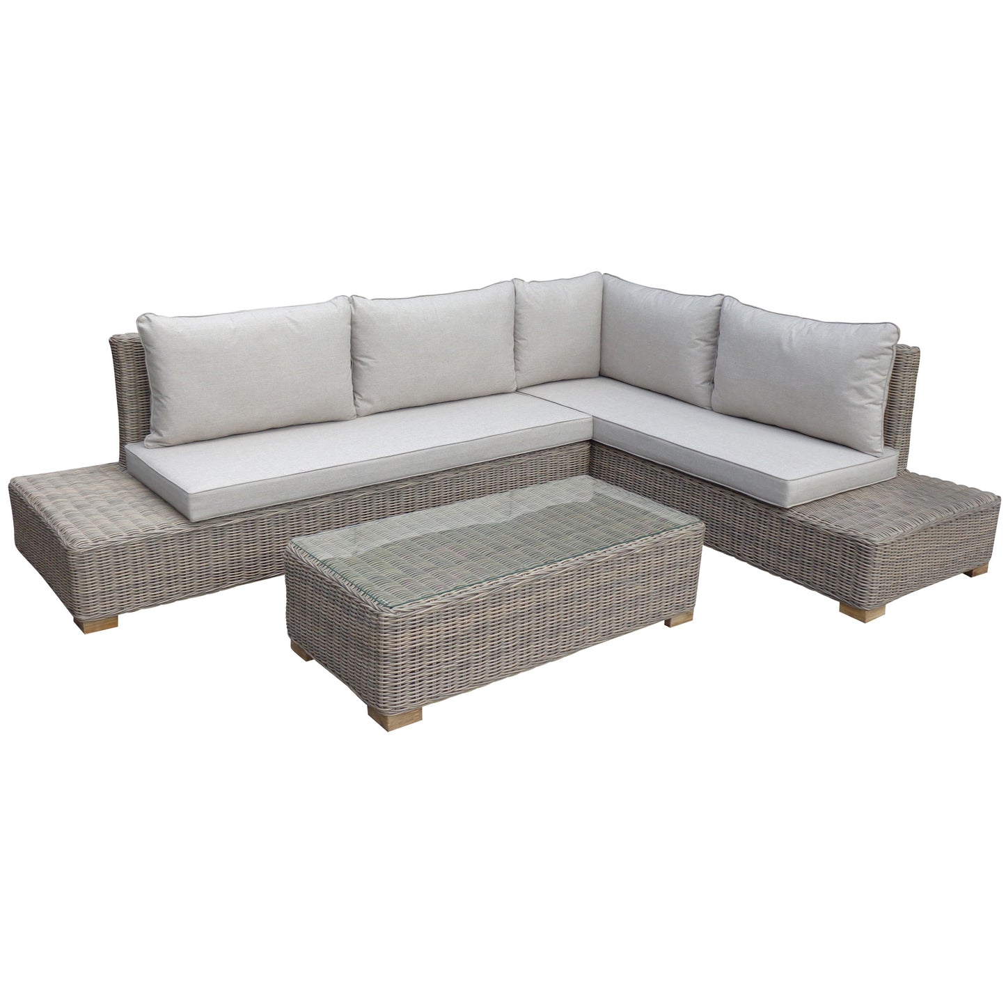 Hill Interiors Capri Collection beige outdoor large corner and coffee table set in a modern garden setting
