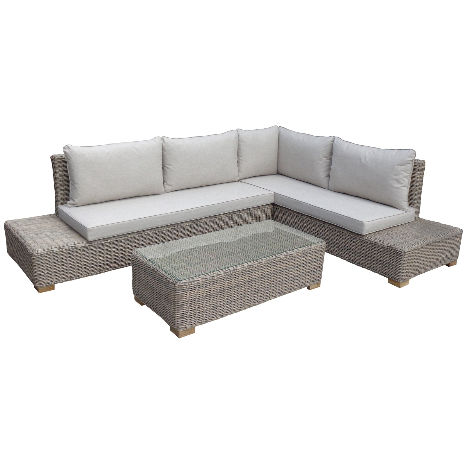 Hill Interiors Capri Collection beige outdoor large corner and coffee table set in a modern garden setting