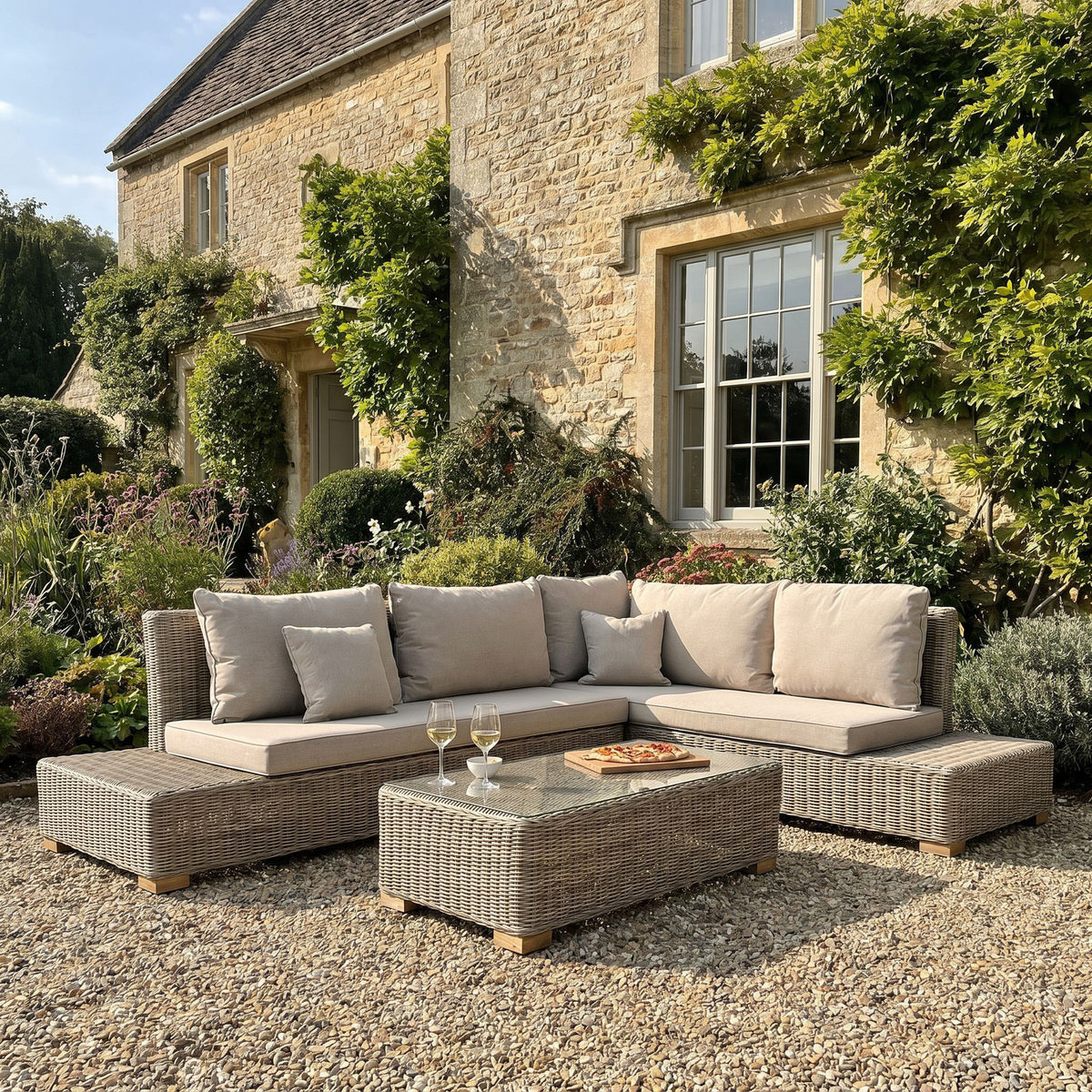Capri Collection Outdoor Large Corner And Coffee Table Set – Luxurious Beige Garden Corner Set | Hill Interiors