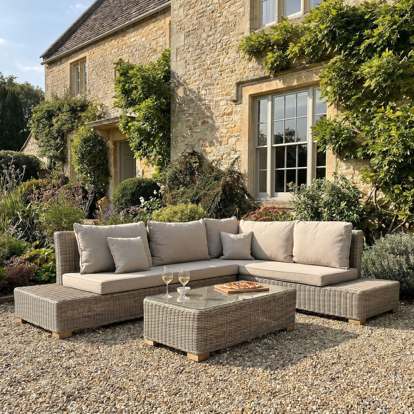 Hill Interiors Capri Collection beige outdoor large corner and coffee table set in a modern garden setting