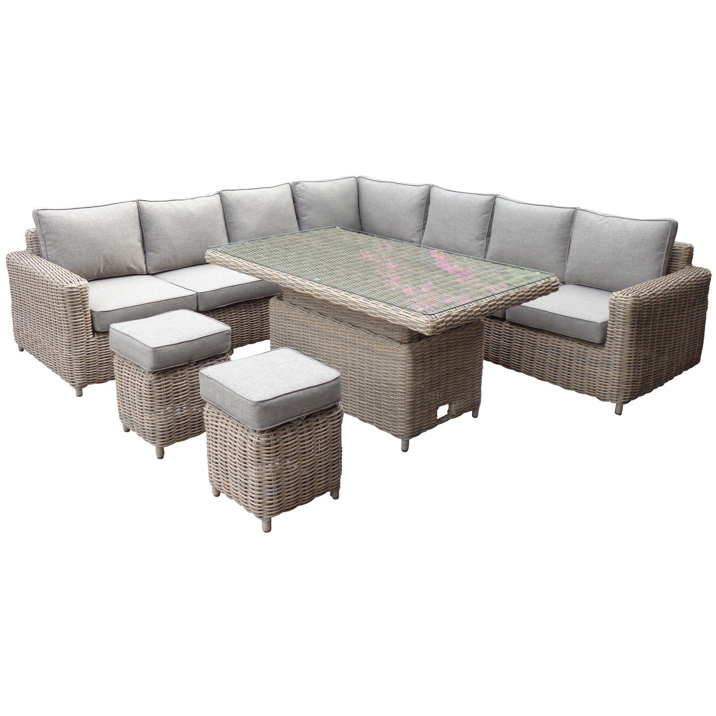 	Hill Interiors Amalfi large outdoor corner set with riser table and 2 stools in beige fabric in a modern garden setting