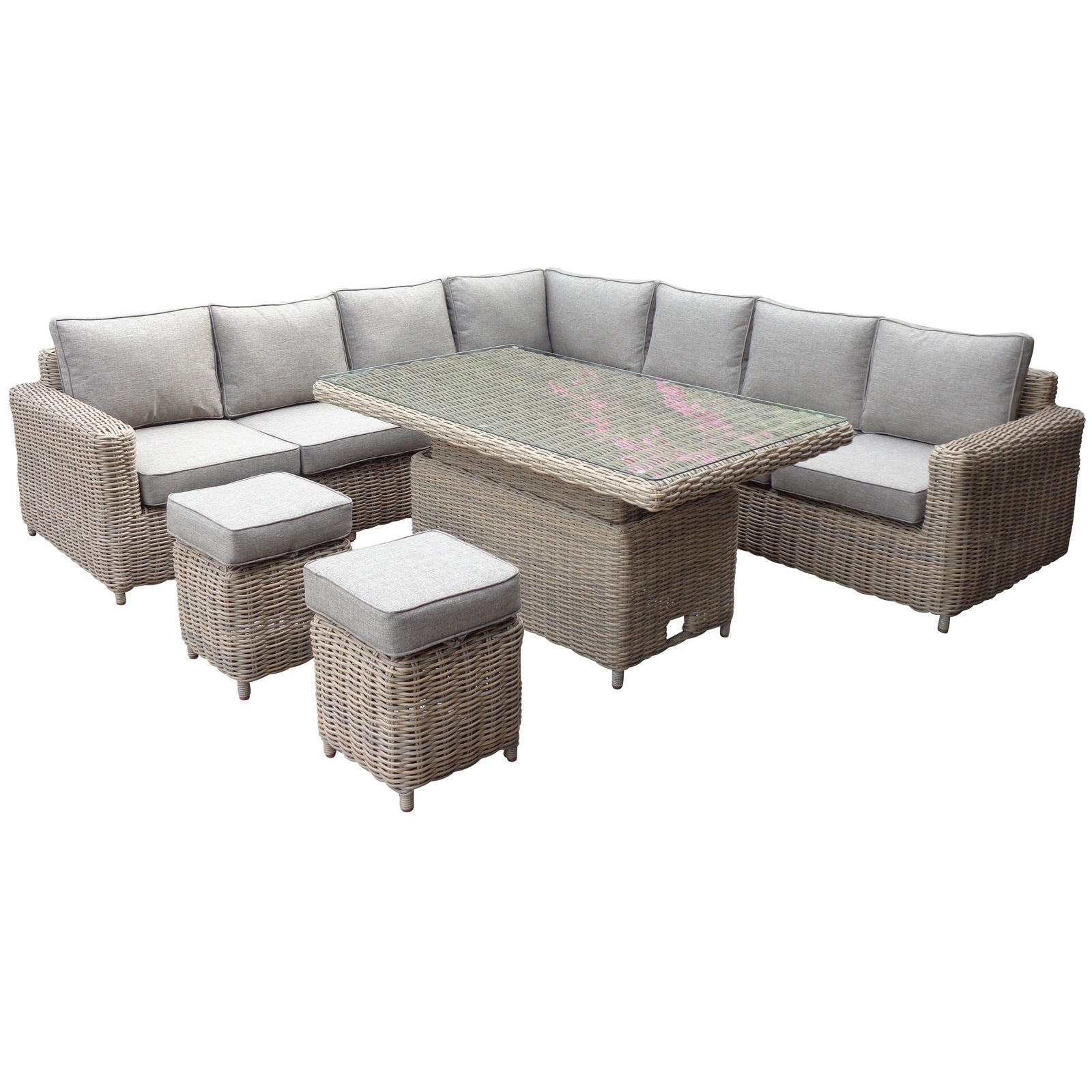 	Hill Interiors Amalfi large outdoor corner set with riser table and 2 stools in beige fabric in a modern garden setting