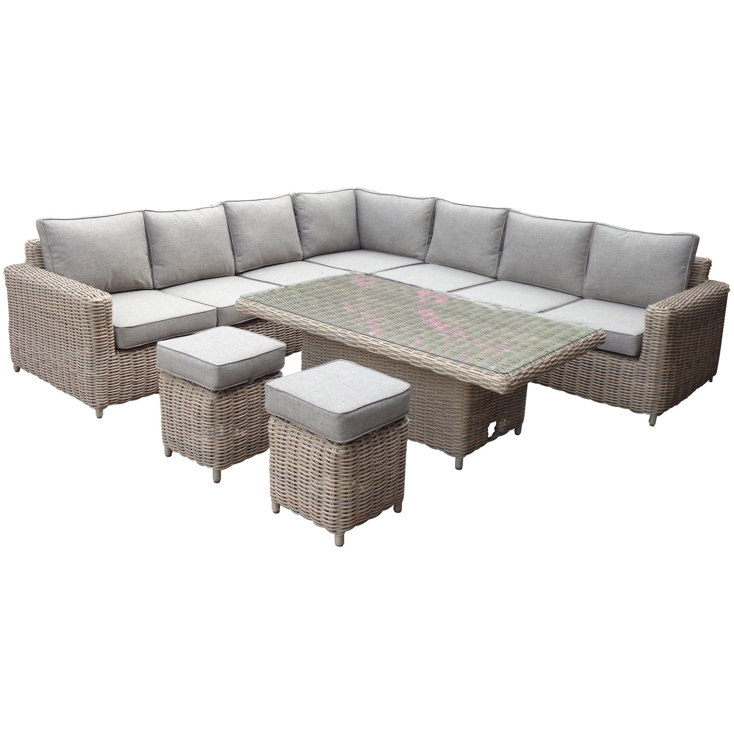 	Hill Interiors Amalfi large outdoor corner set with riser table and 2 stools in beige fabric in a modern garden setting