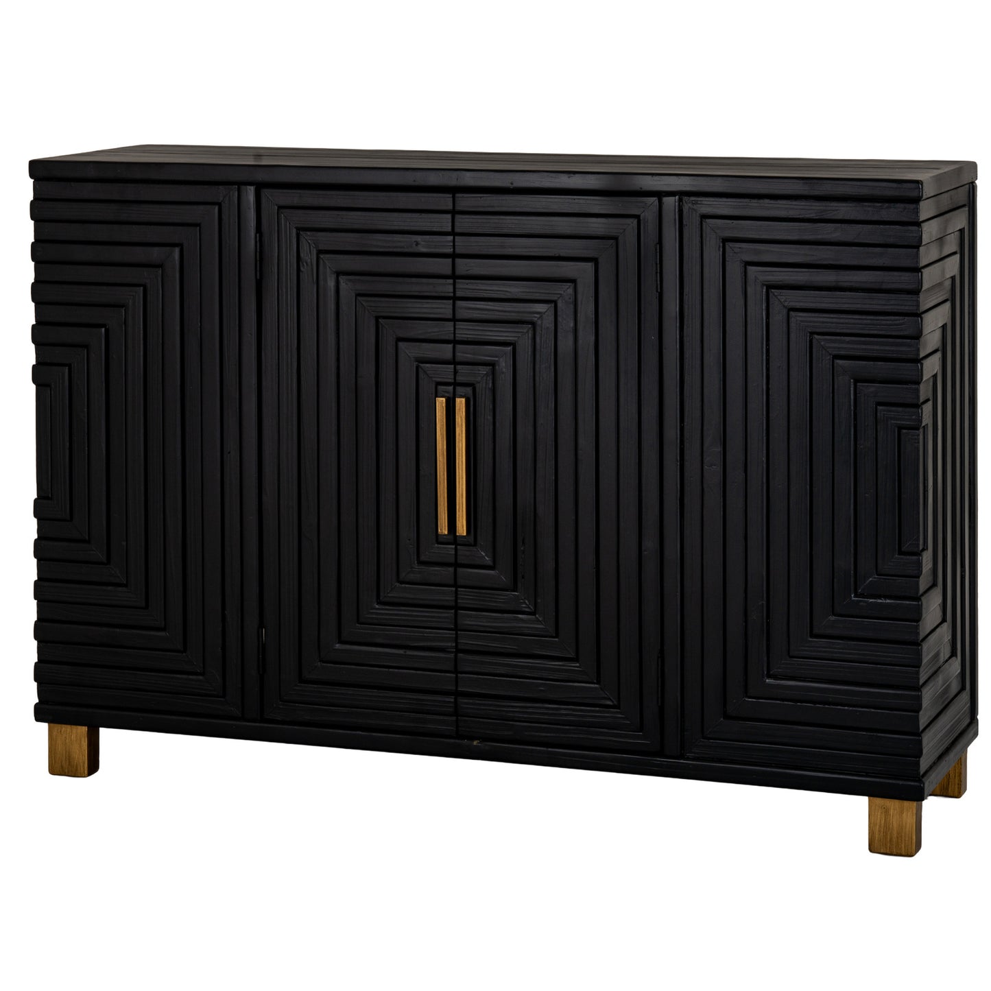 Side view of Hill Interiors Lennox black wooden sideboard with gold handles and 2 doors