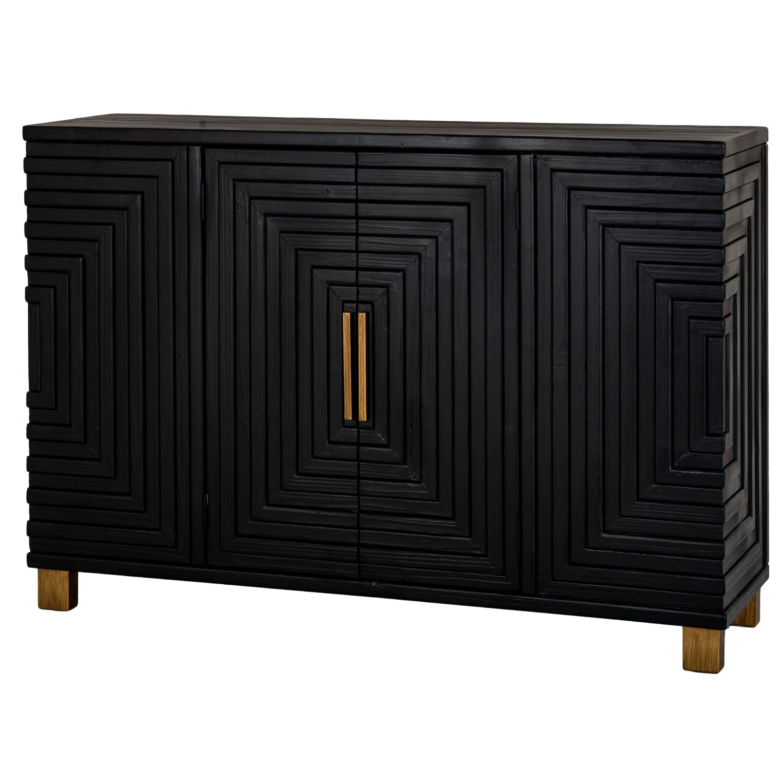 Side view of Hill Interiors Lennox black wooden sideboard with gold handles and 2 doors