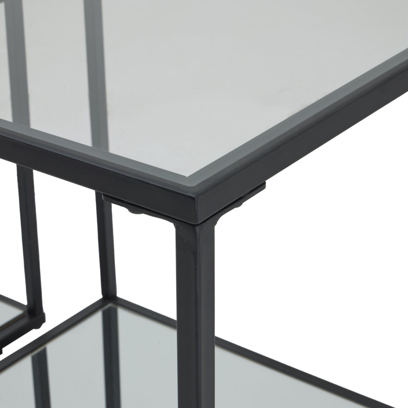 Hill Interiors Lennox black drinks unit with glass shelves showing storage space for bottles and glassware