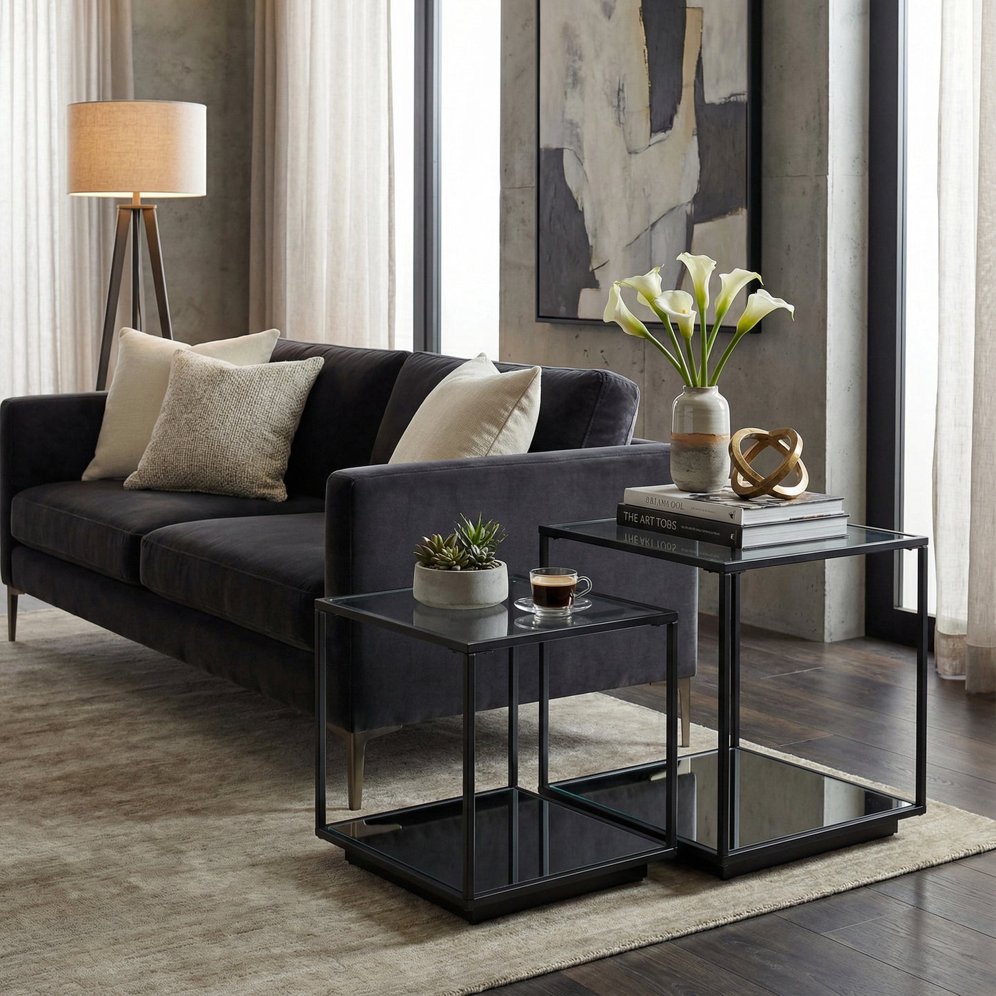 Hill Interiors Lennox black drinks unit with glass shelving and mirrored glass detailing