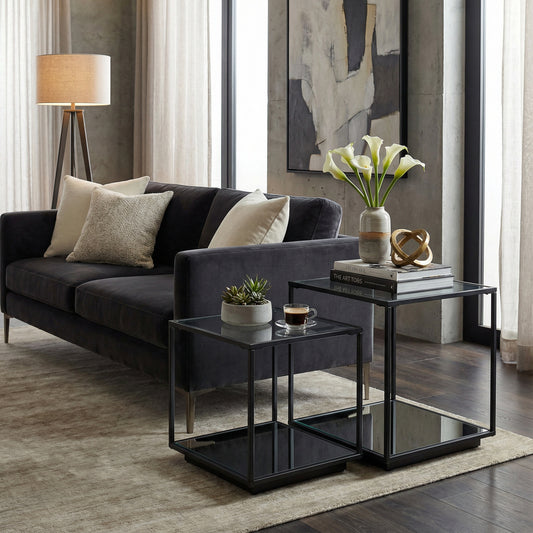 Hill Interiors Lennox black drinks unit with glass shelving and mirrored glass detailing