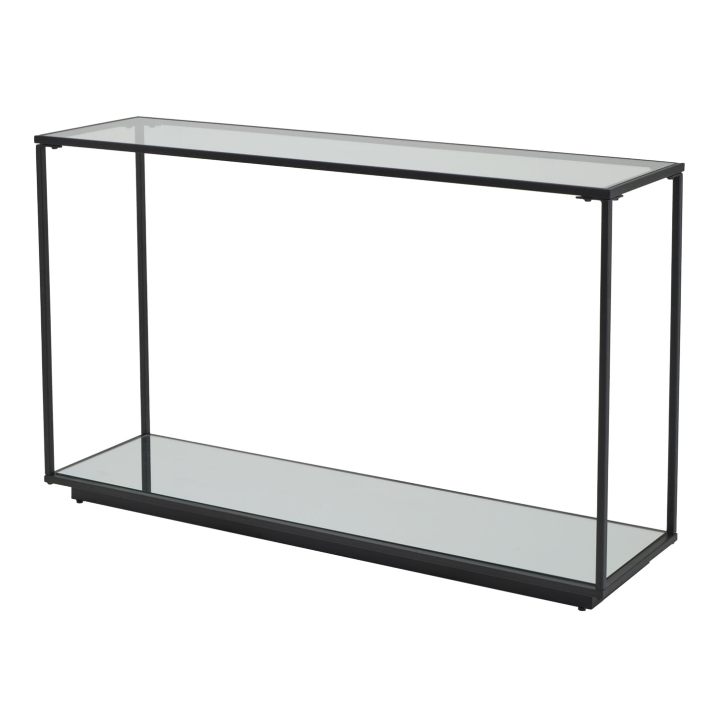 Side view of Hill Interiors Lennox black console table showing the glass shelves and metal frame
