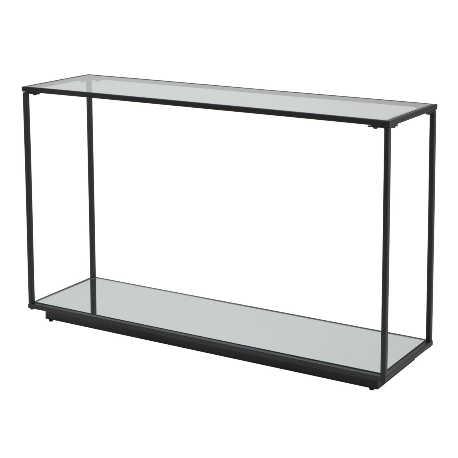 Side view of Hill Interiors Lennox black console table showing the glass shelves and metal frame