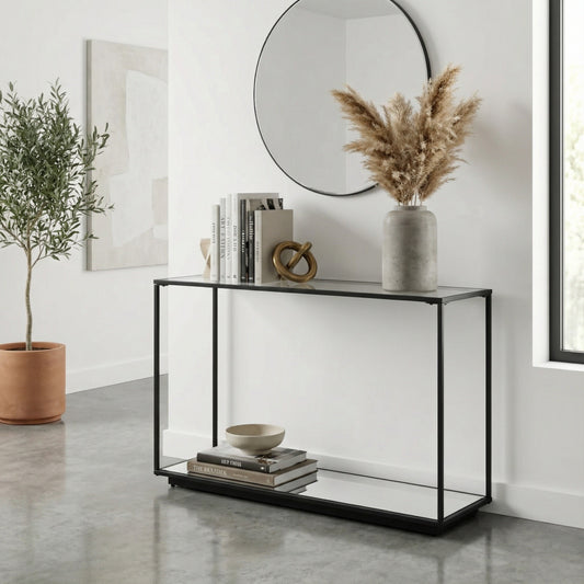 Hill Interiors Lennox black console table with glass and mirrored glass detailing