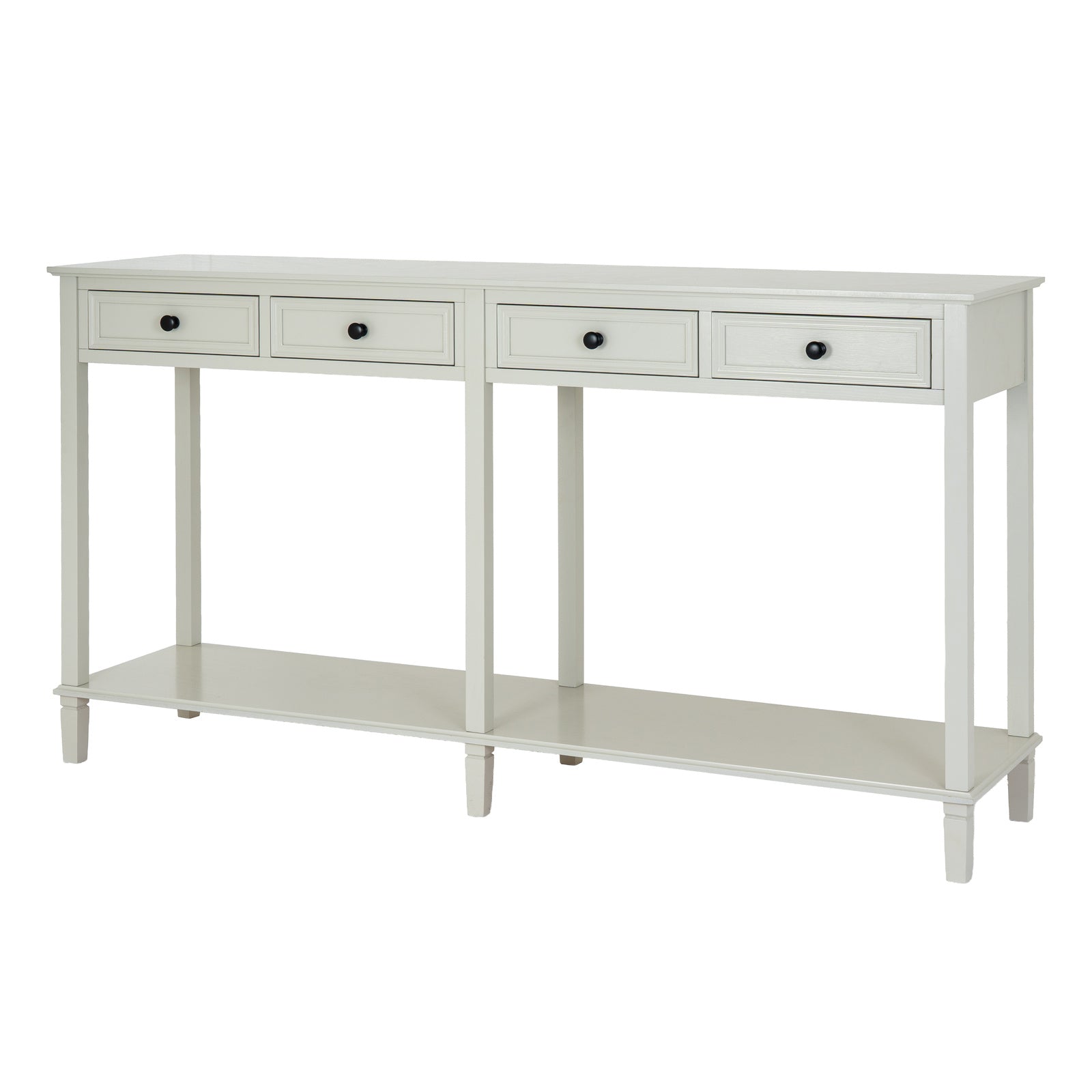 Side view of Hill Interiors Belmont Collection white wooden console table with four drawers