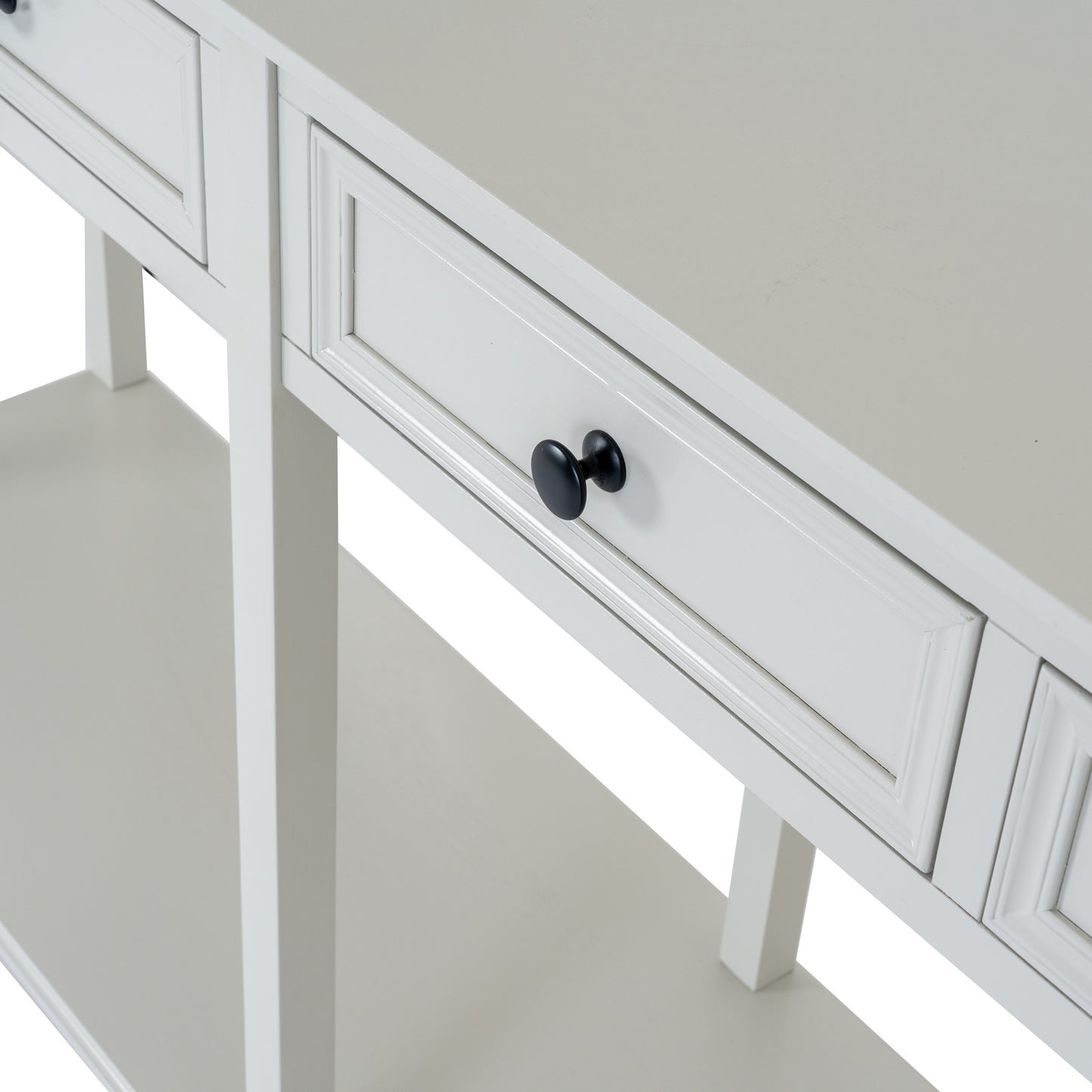 Hill Interiors Belmont Collection console table with four drawers open showing storage space