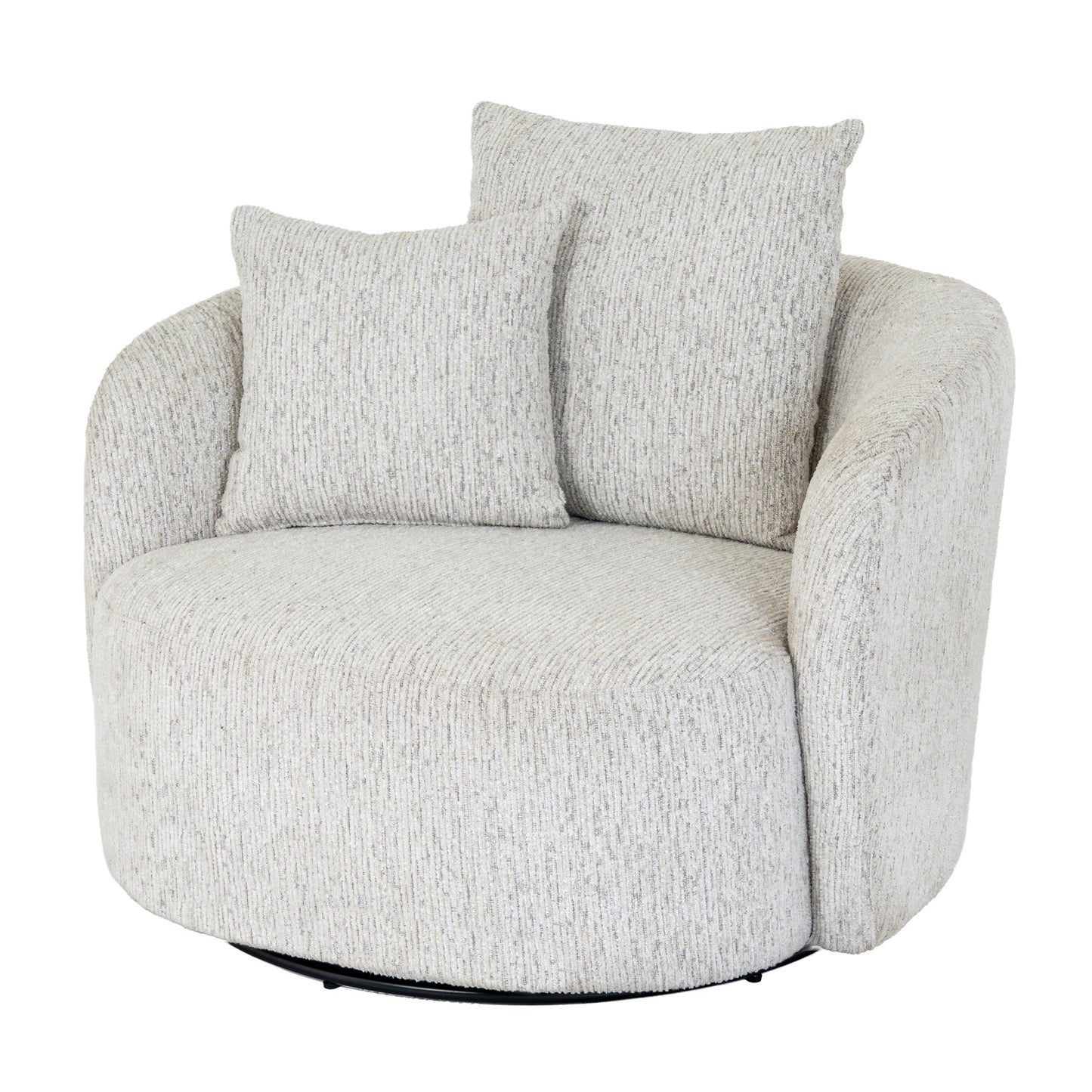 	Side view of Hill Interiors Sorelle white swivel armchair showing the elegant silhouette and fabric upholstery