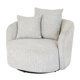 	Side view of Hill Interiors Sorelle white swivel armchair showing the elegant silhouette and fabric upholstery