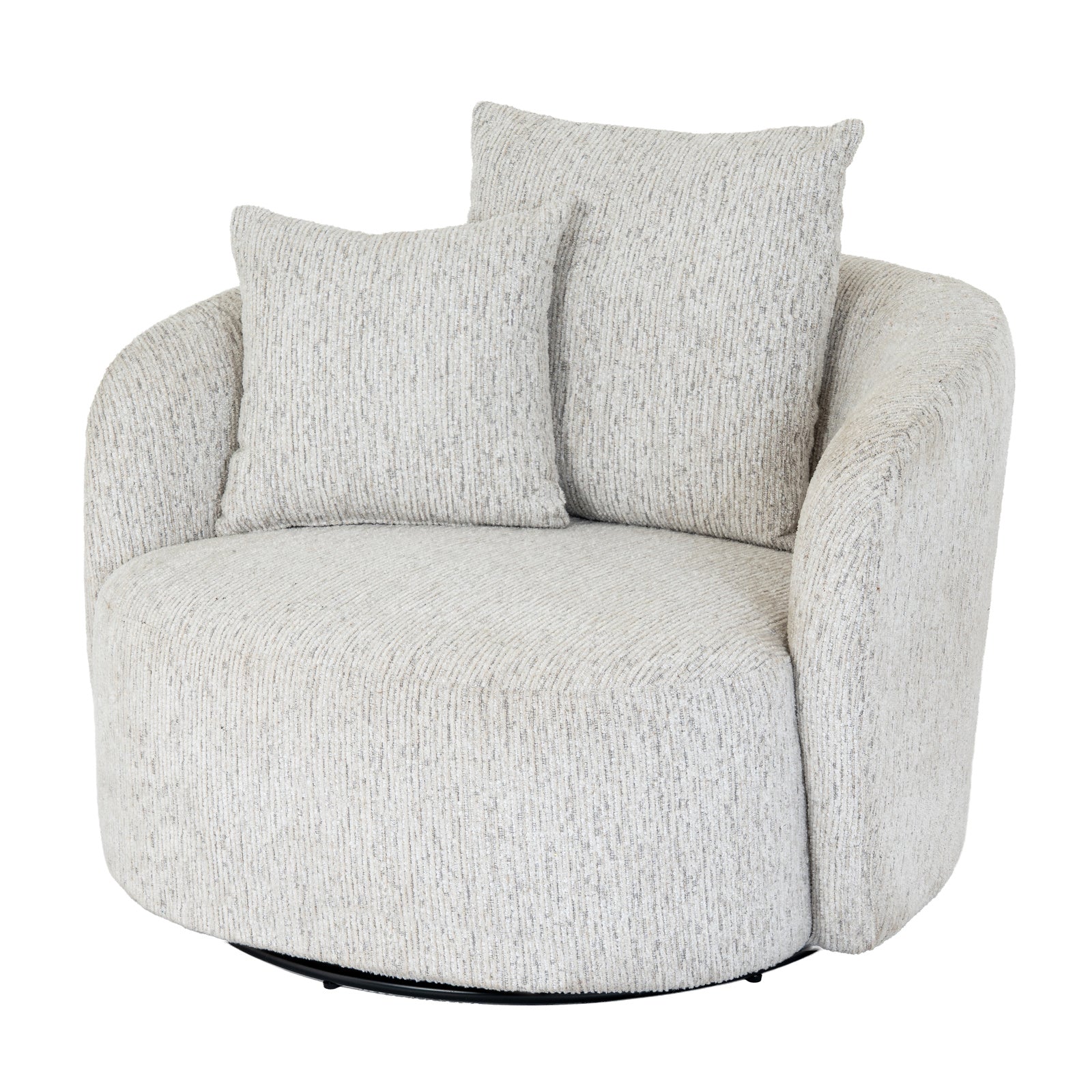 	Side view of Hill Interiors Sorelle white swivel armchair showing the elegant silhouette and fabric upholstery