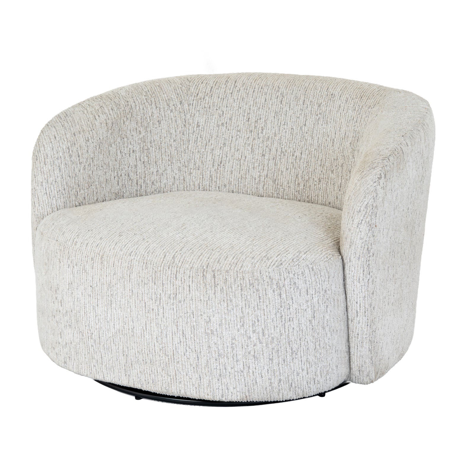 	Close-up of Hill Interiors Sorelle swivel chair showcasing the white fabric texture and stitching details