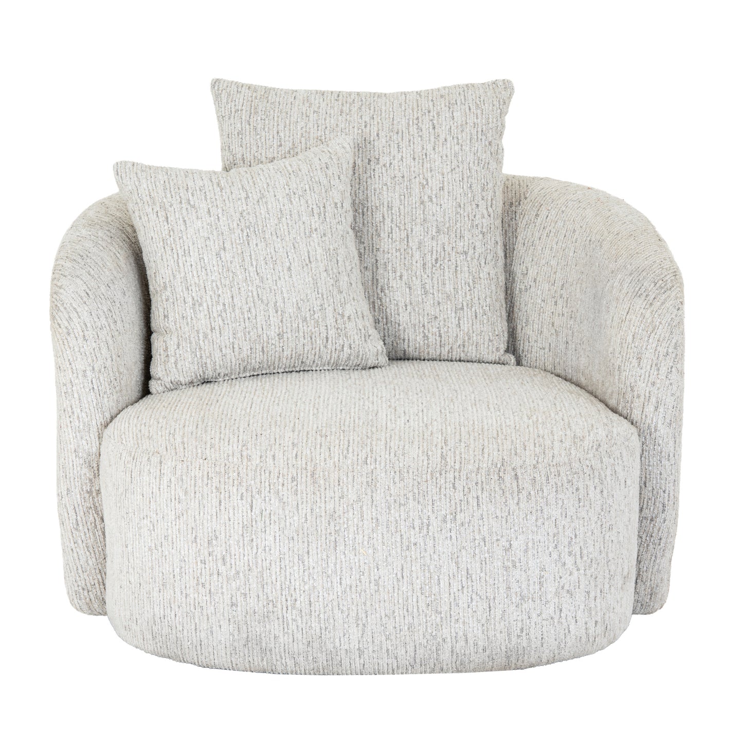 	Hill Interiors Sorelle white swivel armchair in a contemporary living room with natural lighting