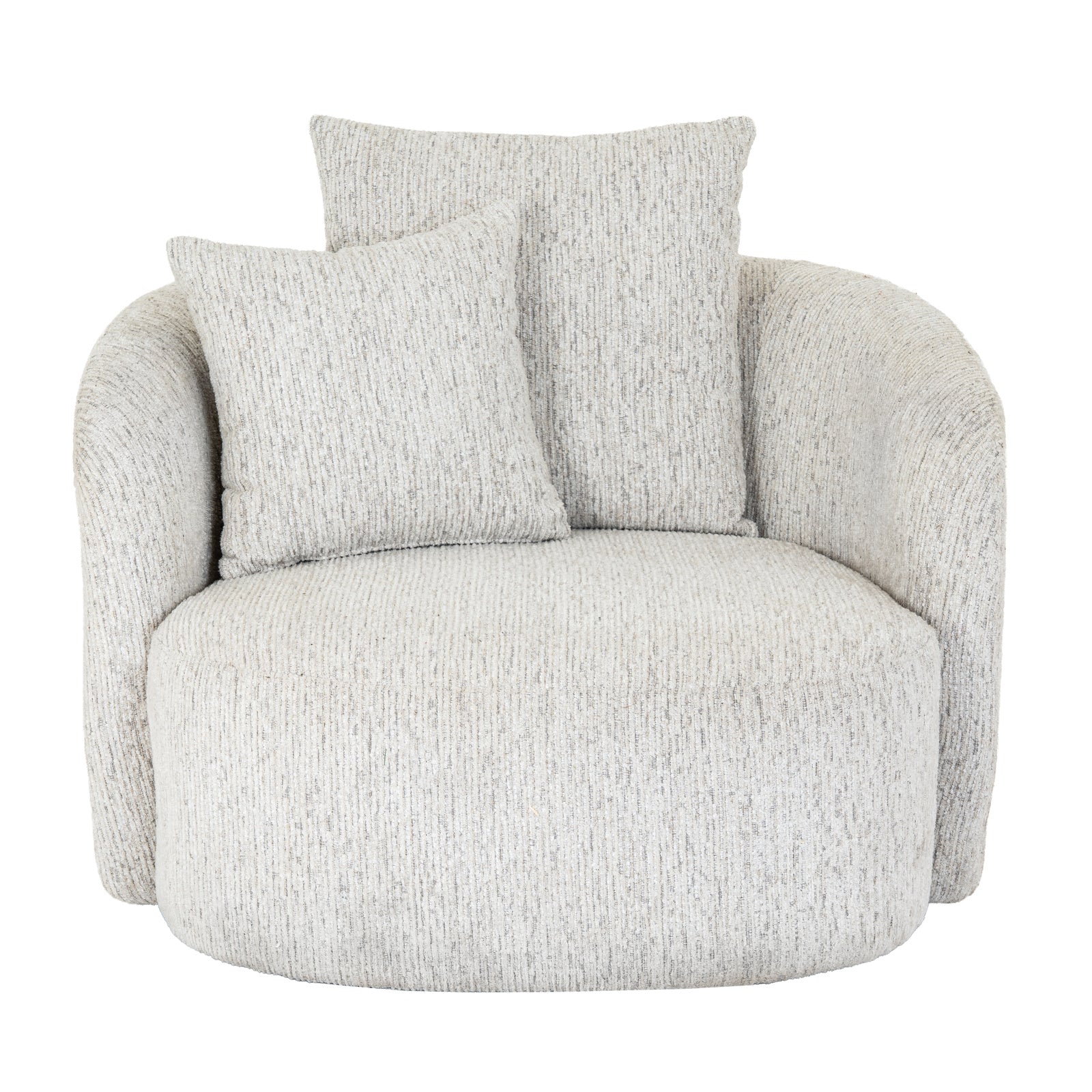 	Hill Interiors Sorelle white swivel armchair in a contemporary living room with natural lighting