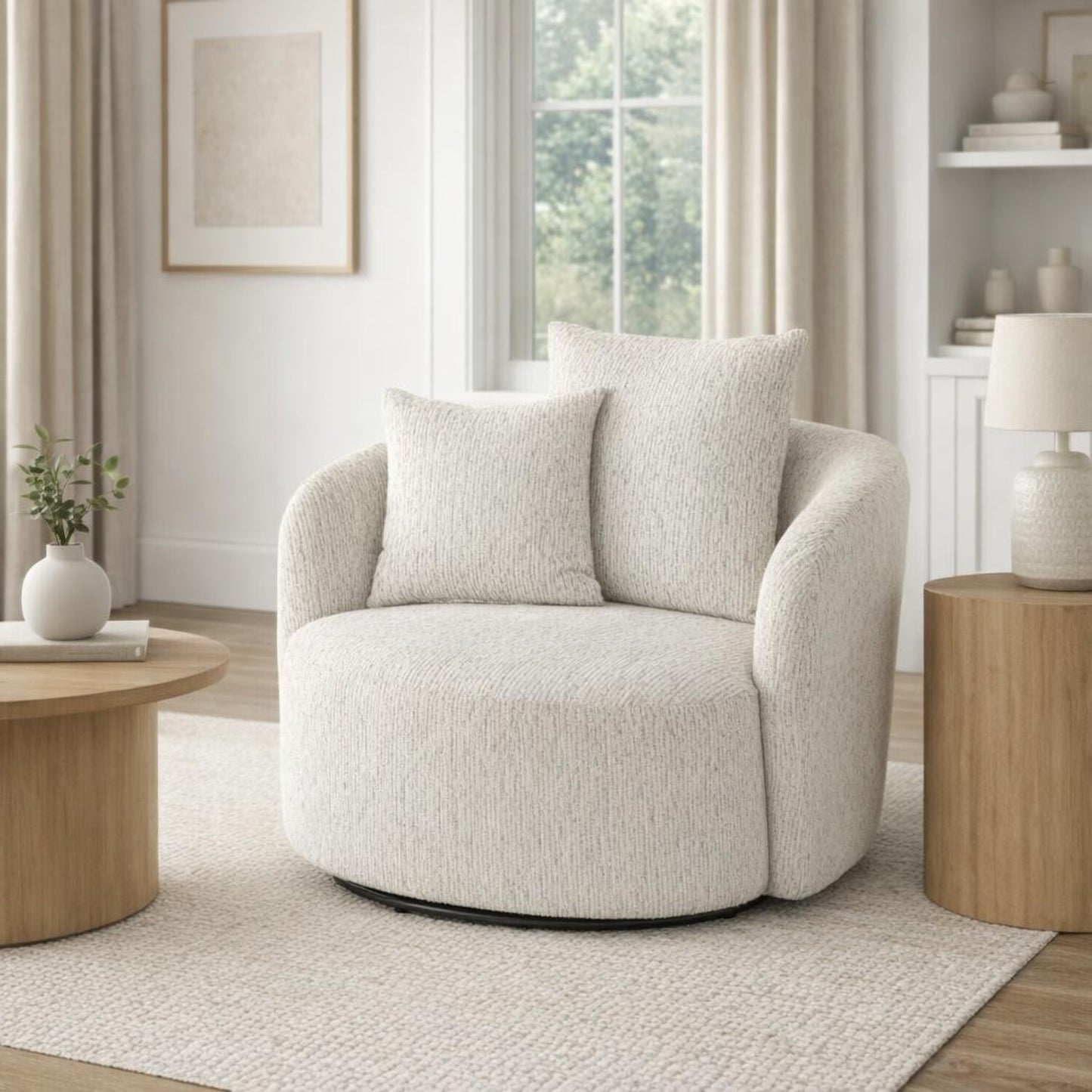 Hill Interiors Sorelle white fabric swivel armchair in a modern living room setting