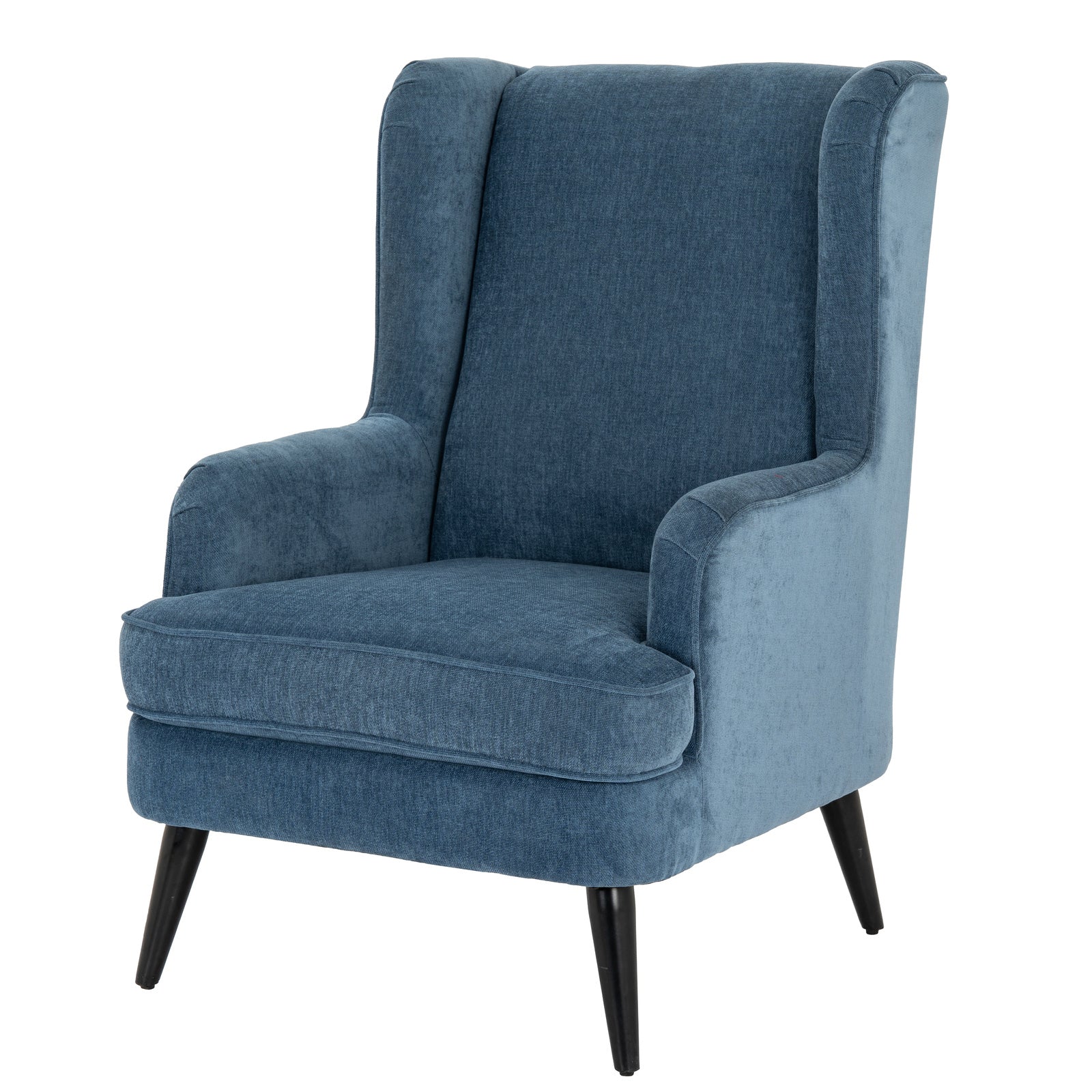 Side view of Hill Interiors Vellis blue wingback armchair showing the winged backrest and fabric upholstery