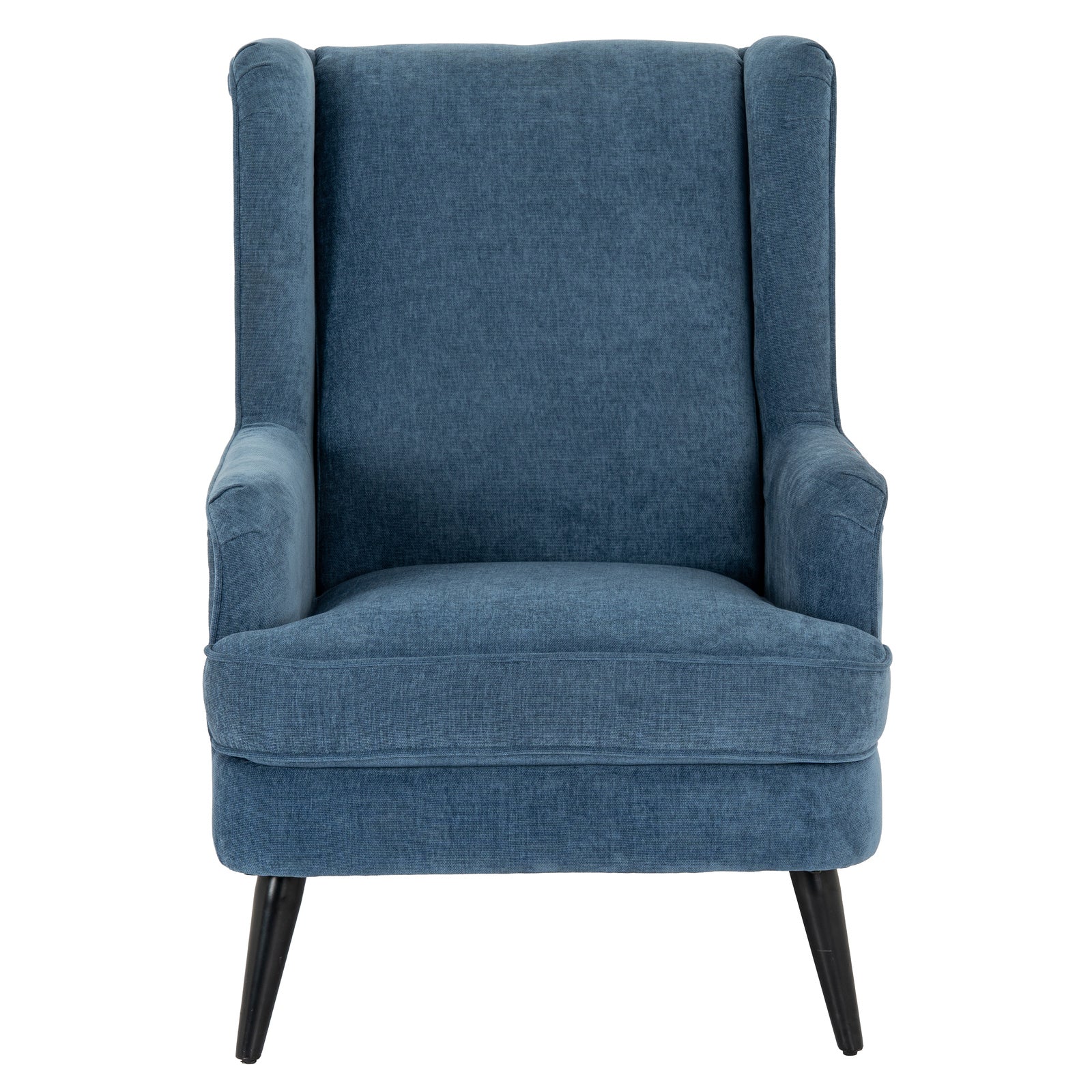 Close-up of Hill Interiors Vellis wingback armchair showcasing the blue fabric texture and stitching details