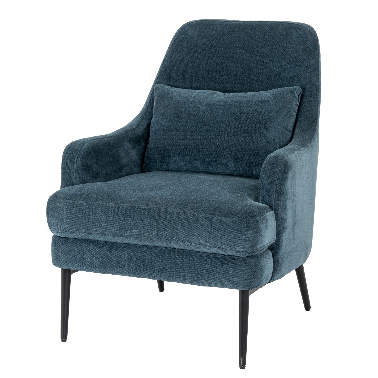 Side view of Hill Interiors Avaris blue wingback armchair showing the winged backrest and fabric upholstery