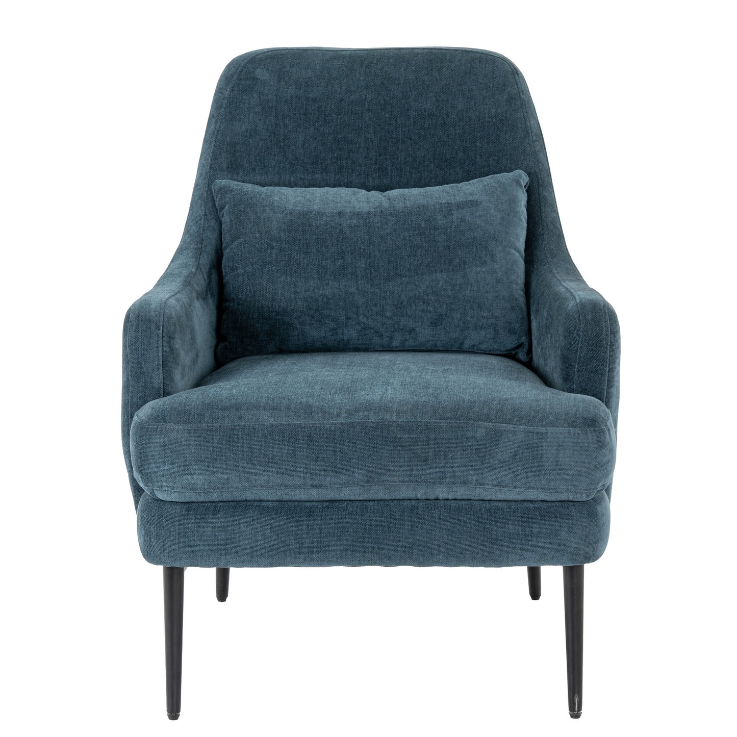 Close-up of Hill Interiors Avaris wingback armchair showcasing the blue fabric texture and stitching details