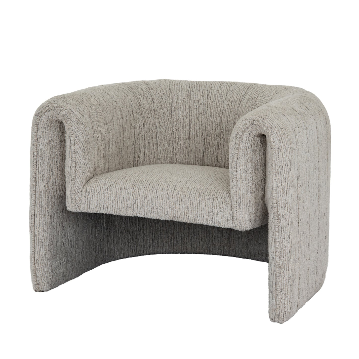 Side view of Hill Interiors Avia mist grey armchair showing the elegant silhouette and fabric upholstery