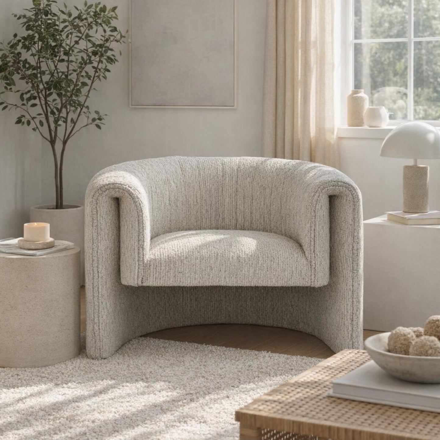 Hill Interiors Avia mist grey fabric armchair placed in a modern living room setting