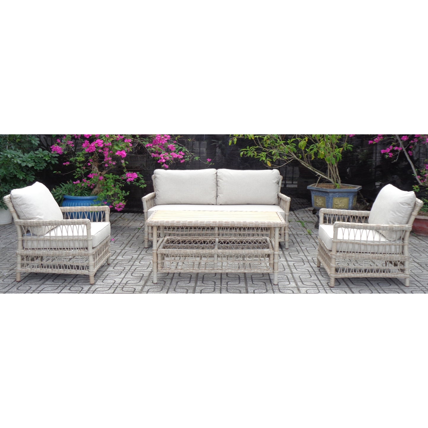 Hill Interiors Provence Collection beige outdoor 4 seater lounge set in a modern garden setting