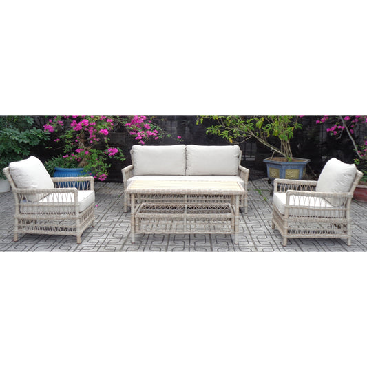 Hill Interiors Provence Collection beige outdoor 4 seater lounge set in a modern garden setting