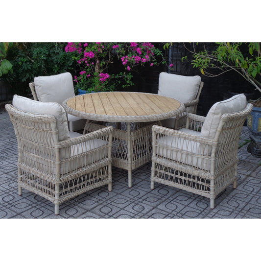 Hill Interiors Provence Collection outdoor bistro table with wood top and metal frame in a modern garden setting