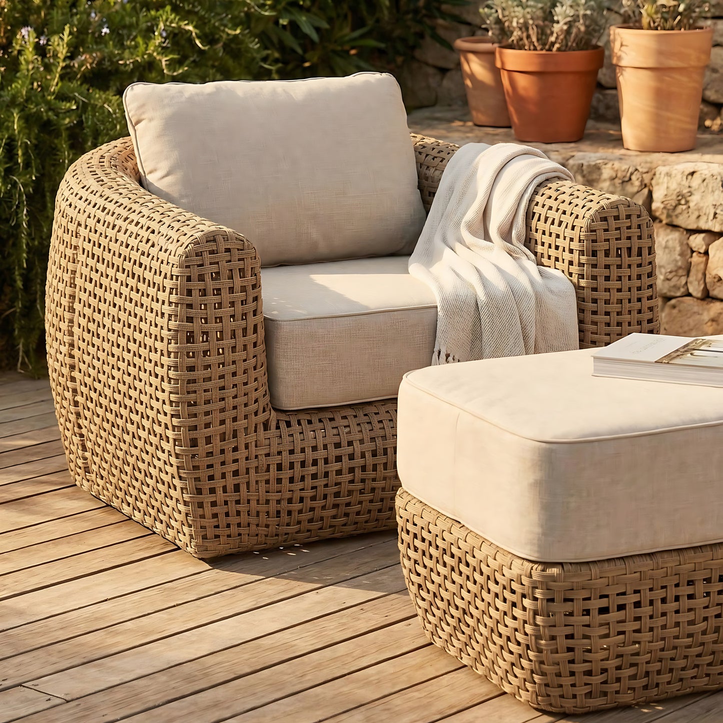 Hill Interiors Bloom Collection brown outdoor large lounge chair in a modern garden setting
